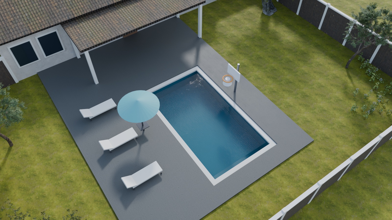 A poolside basketball hoop over the water