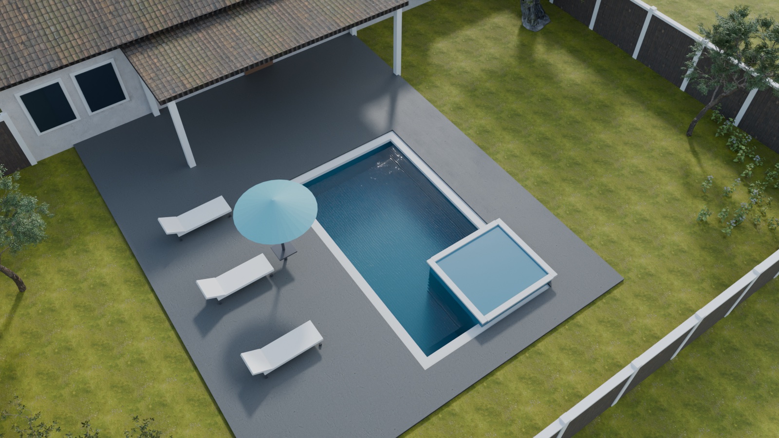A raised spillover spa flowing into the pool