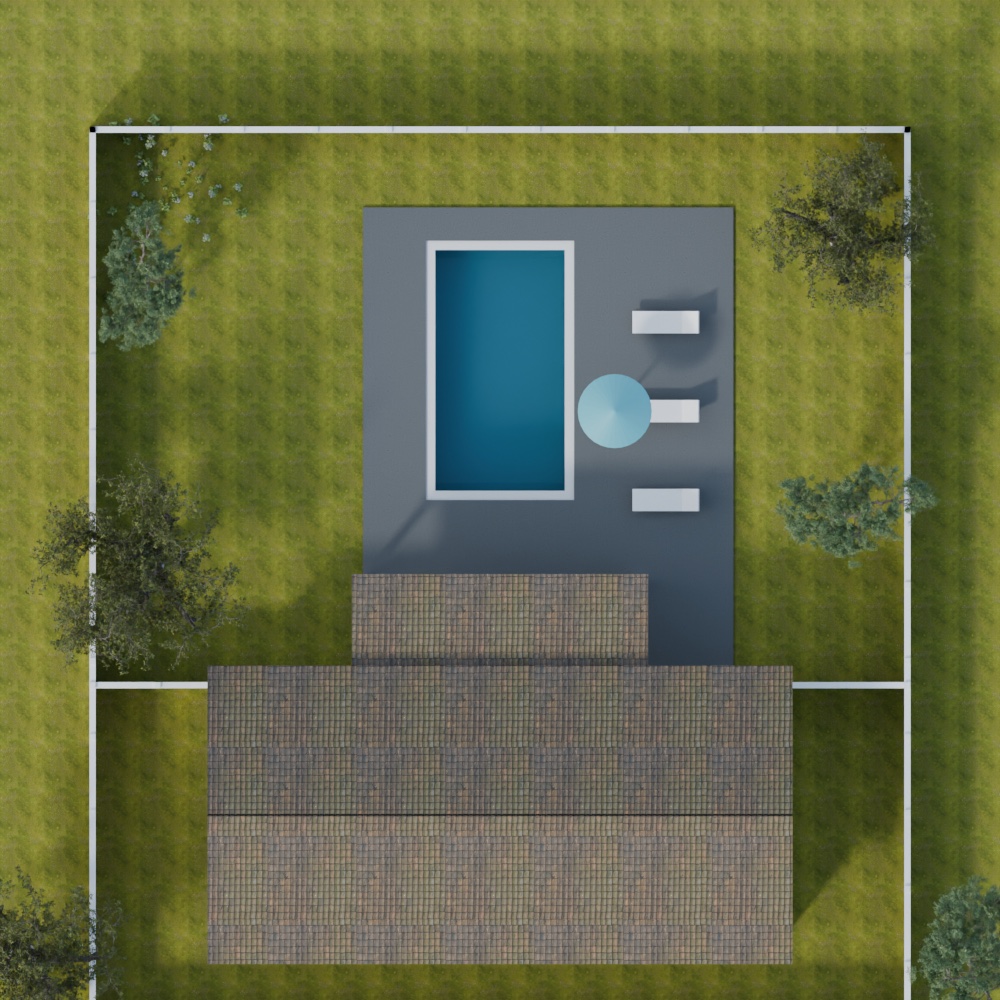 Top-down plan of the real backyard with the buildable zone and to-scale pool measured onto it