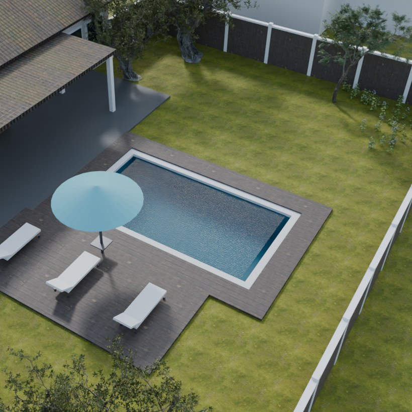 A rectangular pool rendered into a real backyard