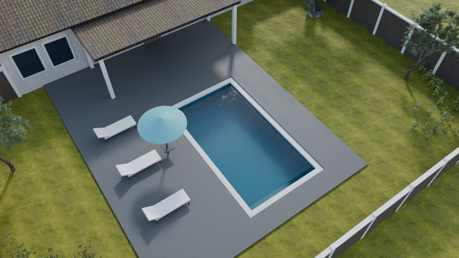 A rectangular pool rendered into a real backyard