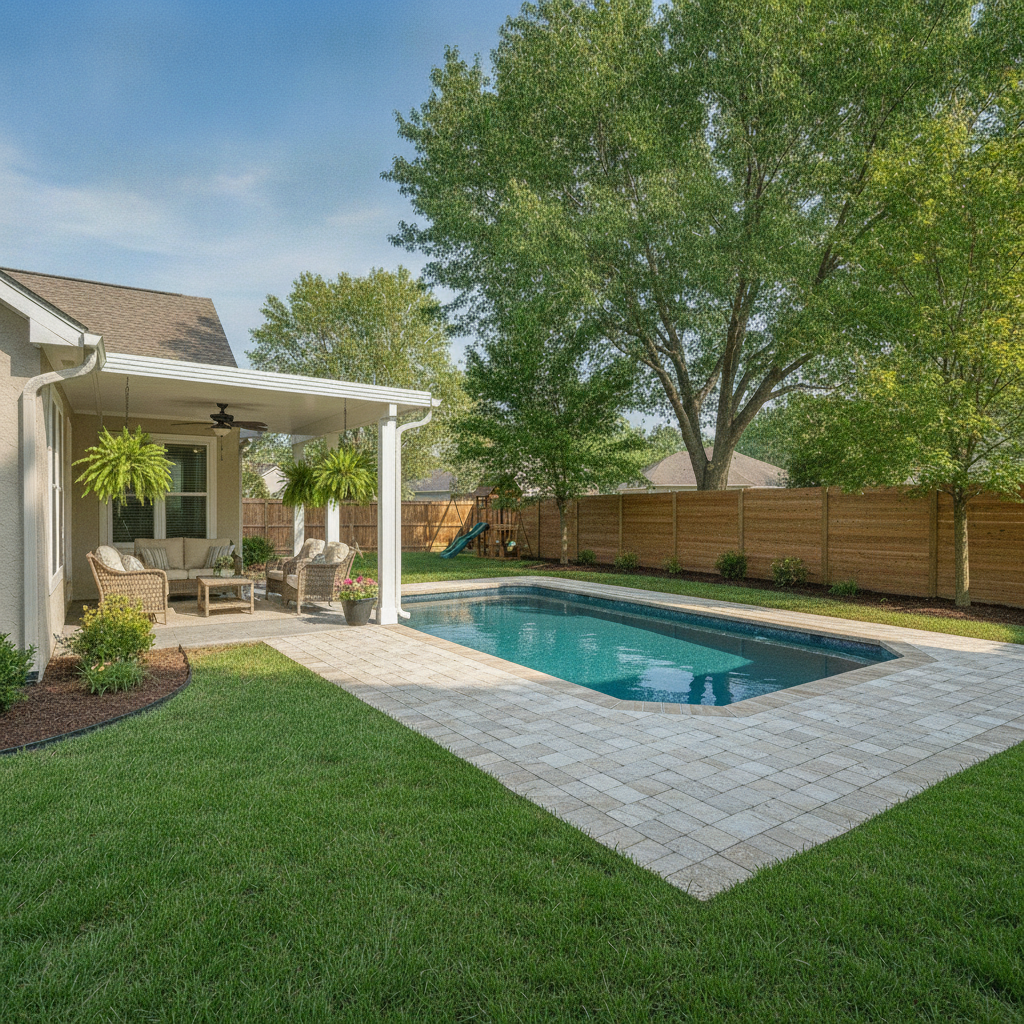 A photoreal pool rendered into a real San Antonio backyard